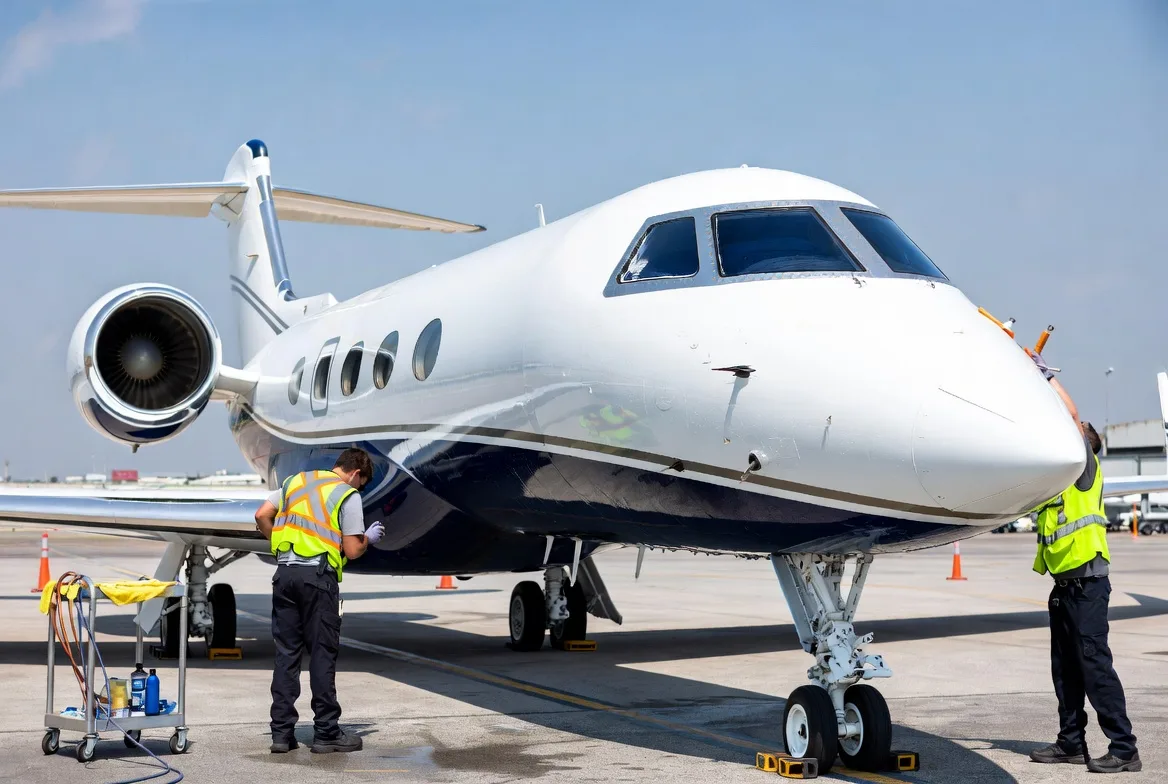 A detailing crew working on a business jet on the ramp